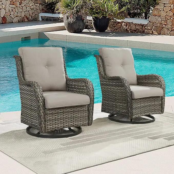 Outdoor Patio Swivel Rocker Chairs - Wicker Rattan Patio Swivel Rocking Chairs Set of 2 with High Back,Deep Seating and Comfort Cushions for Deck Porch Garden,Mixed Grey/Grey by GreenHaven Gardens