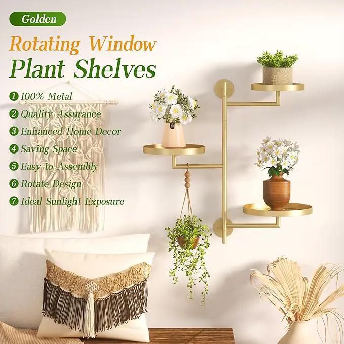 3-Tier Rotating Metal Window Plant Shelves Hanger, Wall-Mounted Gold Holder, Floating Shelf for Indoor Pots up to 6", Home Décor Gift for Plant Lovers by GreenHaven Gardens