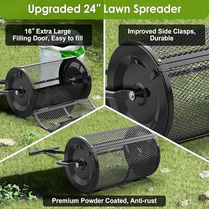 Seeutek Compost Spreader, 24" Peat Moss Spreader with 3 Heights, Top Soil Spreader W/Upgraded Side Latches Support Rod Powder Coated Metal Mesh Top Dressing Spreader for Lawn, 2 Way Uses-Push or Tow by GreenHaven Gardens