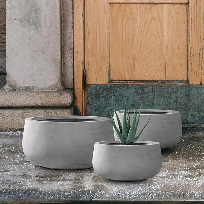 Kante 19.6",15.7",11.8" Dia Round Concrete Planters Set of 3, Outdoor Indoor Garden Plant Pots with Drainage Hole and Rubber Plug, Modern Curvaceous Design, Natural Concrete by GreenHaven Gardens