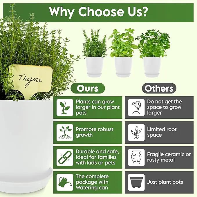 Indoor Garden Kit - Plant Pots with Drainage, Watering Can & Tools - Ideal Windowsill Planter Set - Modern Home & Kitchen Decor Gift - White by GreenHaven Gardens