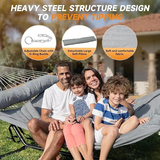 2 Person Outdoor Hammock with Stand, Cotton Rope Hammock with Polyester Pad, Adjustable Steel Frame, Portable with Carrying Bag – for Patio, Backyard, Garden, Beach, Urban-Gray by GreenHaven Gardens