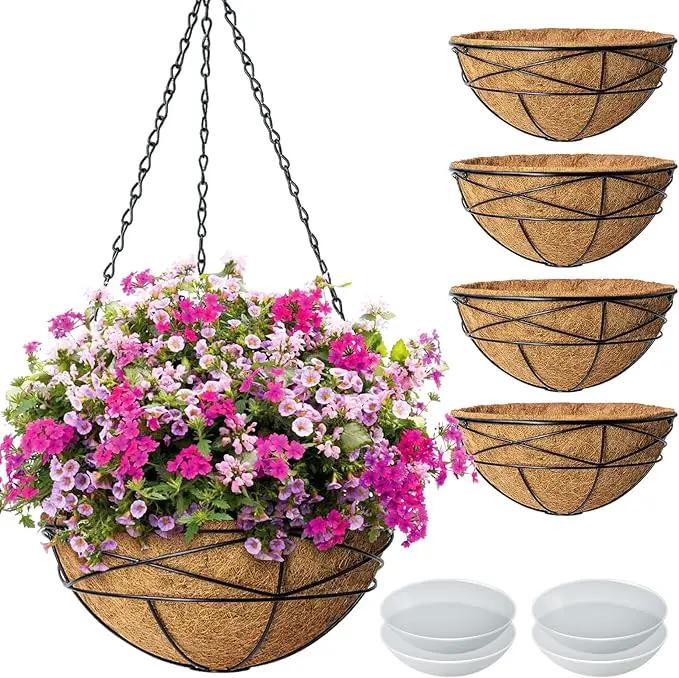 4 Pack 14 Inch Hanging Flower Baskets for Outdoor Plants Large Metal Wire Planters with Coco Liner Pot for Home Planting Black Watering Plant Holders for Outside Garden by GreenHaven Gardens