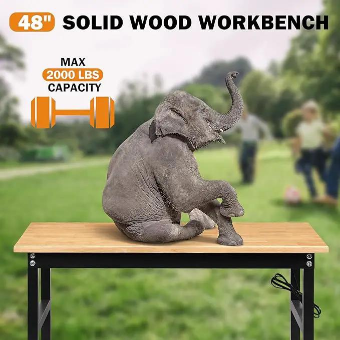 48" Adjustable Workbench for Garage, Rubber Wood Heavy Duty Workstation with Power Outlets & Wheels, 2000 LBS Load Capacity Hardwood Worktable for Workshop, Garage, Office, Home, Commercial by GreenHaven Gardens