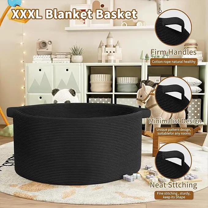 125L Extra Large Blanket Basket, 25" x 16", Jumbo Laundry Woven Baskets Decorative Home, Cotton Rope Basket with Handles, Baby Toy Baskets for Storage, Black, 2PC by GreenHaven Gardens