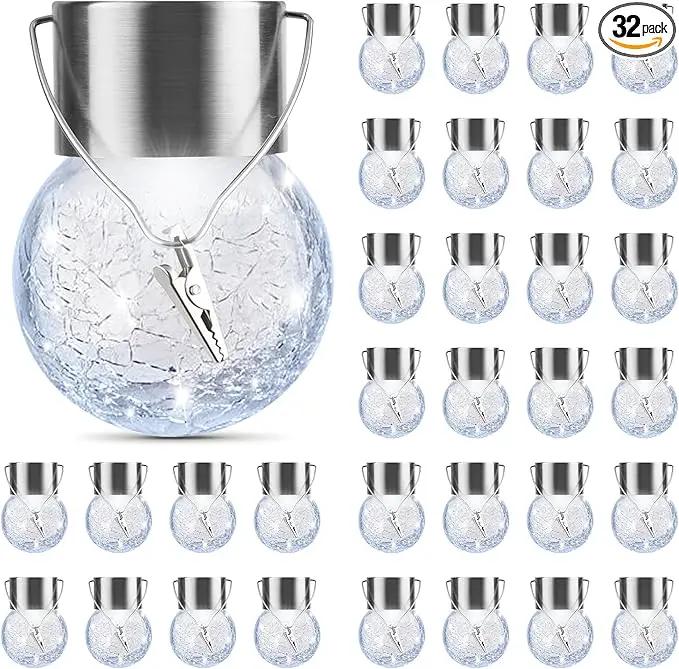 PARTPHONER 32 Pack Hanging Solar Lights Outdoor, Waterproof Solar Globe Lantern with Handle and Clip, Decorative Cracked Glass Ball Lights for Christmas Decor, Tree, Yard, Garden, Patio (Cold White) by GreenHaven Gardens