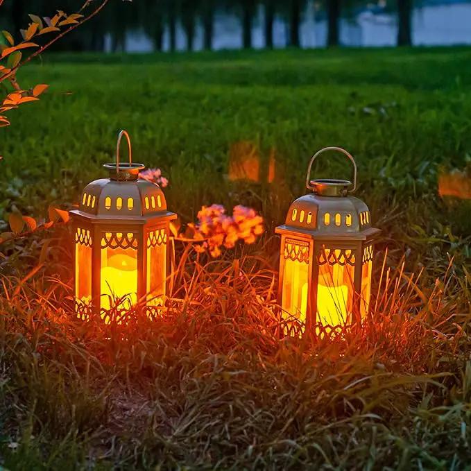 SteadyDoggie Solar Lanterns 2 Pack Green - Hanging Solar Lights with Flickering Candle LED - Retro Ornate Hanging Solar Lantern with Handle by GreenHaven Gardens