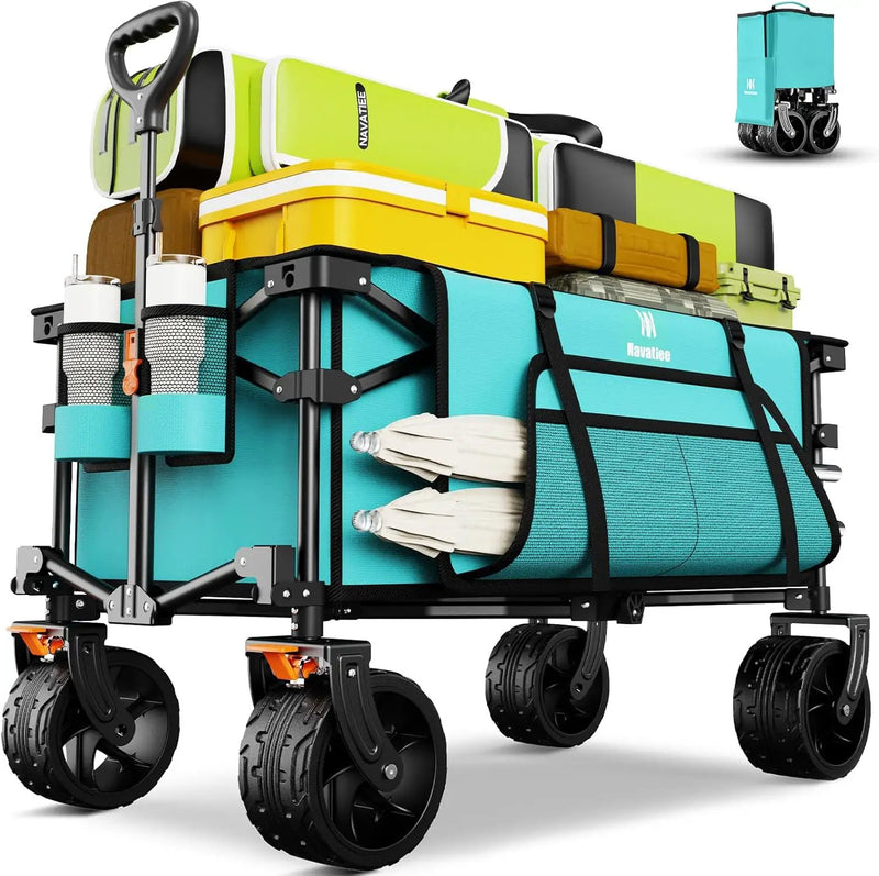 Navatiee Big Wheels Collapsible Wagon Cart Foldable, Heavy Duty Beach Wagon with Silent All-Terrain Wheels, Folding Utility Grocery Cart with Side Pocket and Brakes for Camping Garden Sports, Blue by GreenHaven Gardens
