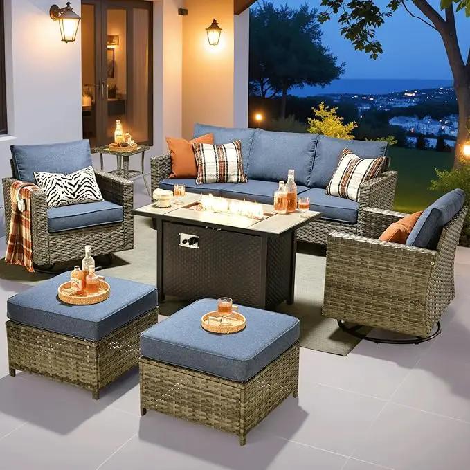 ovios 7 Pieces Patio Furniture Set with 42" Fire Pit Table, Outdoor Wicker Sofa with Swivel Chairs, All Weather High Back Rattan Couch Conversation Set, Denim Blue by GreenHaven Gardens
