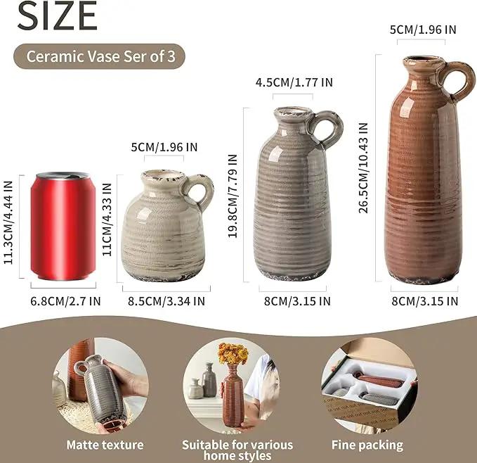 Ceramic Vases Set of 3, Neutral Rustic Farmhouse Vase with Handle, Decorative Flower Vases Home Decor Modern Boho Pampass Vase for Table Mantel Entryway Shelf Living Room Kitchen Bathroom - Brown by GreenHaven Gardens
