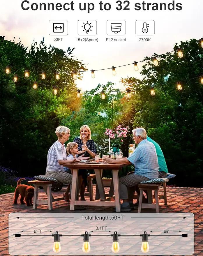 Svater Outdoor String Lights 50 FT, Patio Light for Outside with Shatterproof LED Bulbs, IP65 Waterproof Connectable Hanging Lights for Backyard, Bistro, Cafe, Balcony, Party, Black by GreenHaven Gardens