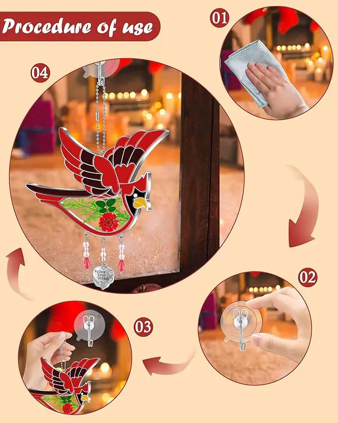 KY&BOSAM Follow Your Dream Cardinal Suncatcher Glass Panels Suncatchers Pressed Real Flower Wings in Glass Suncatchers Birthday Mother`s Day Ornament for Windows with Heart Charm by GreenHaven Gardens