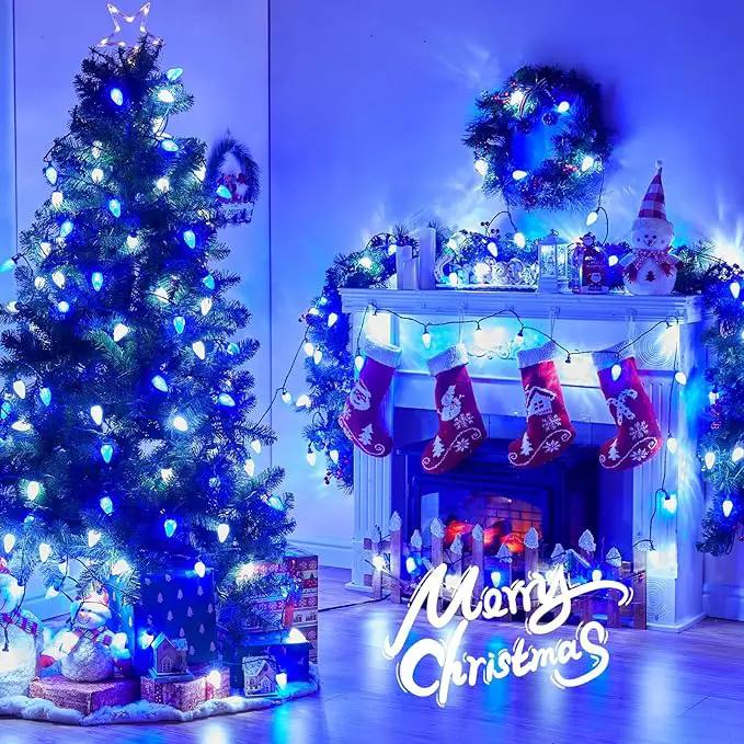 Brightown C9 LED Christmas String Lights, 66ft 100 LED Waterproof Strawberry String Lights, Plug-in Extendable Green Wire Lights String for Outdoor Outside Patio Party Decoration, Blue and White by GreenHaven Gardens