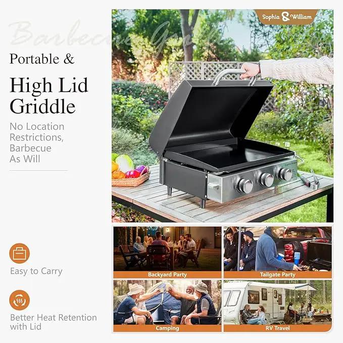 Sophia & William 22" Flat Top Grill with Lid & Ceramic Coated Cast Iron Pan, 3-Burner Portable Tabletop Gas Propane Griddle for Outdoor, BBQ, Camping & Tailgating Barbecue, 24,000 BTU by GreenHaven Gardens