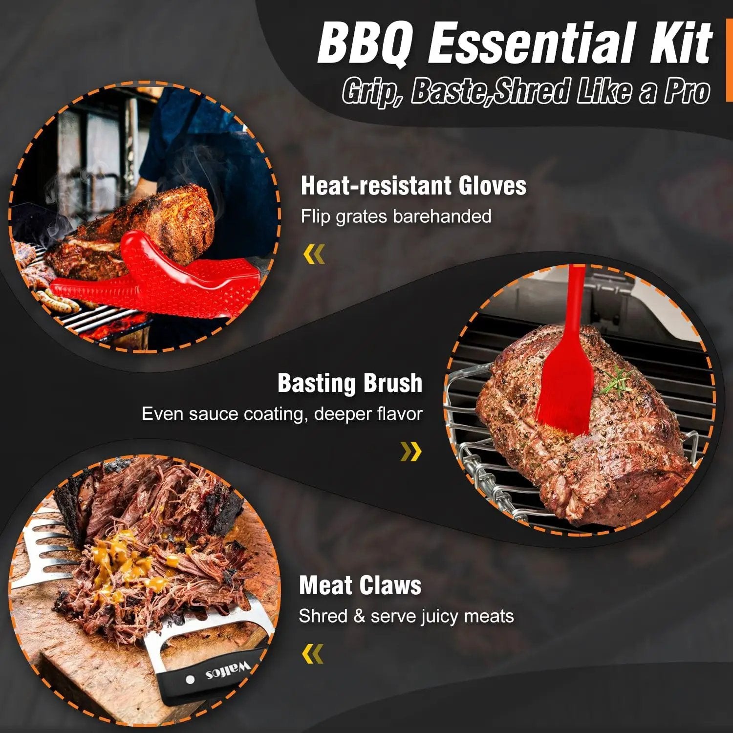 Walfos Silicone BBQ Gloves - Heat Resistant Grilling Gloves Set with Pork Shredder Claws & Brush, Non-Slip Kitchen Silicone Oven Mitt with Protective Cotton Layer, Suit for Indoor & Outdoor, Red by GreenHaven Gardens