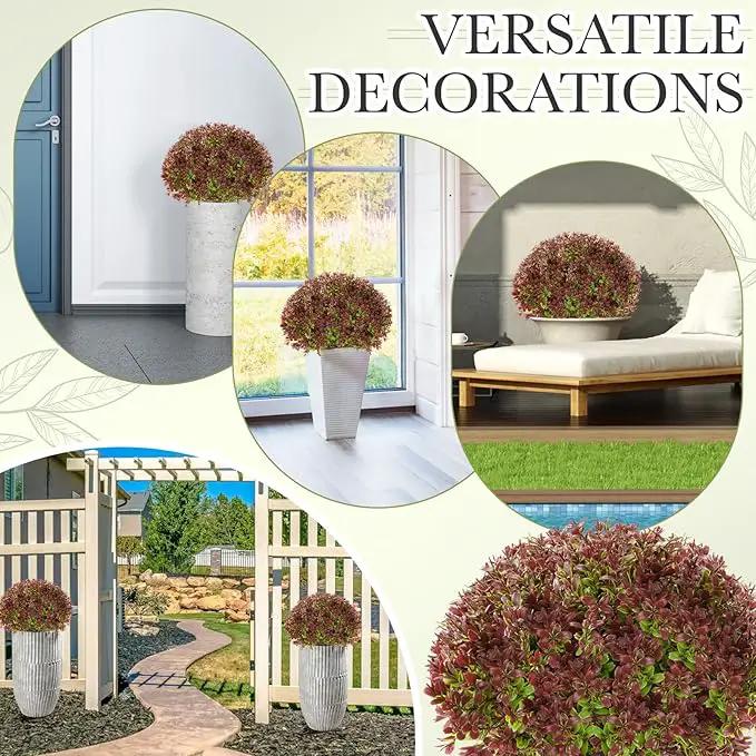 Yunlly 2 Pack 18" Artificial Boxwood Ball Bush Topiary Trees Fake Outdoor Plants, Realistic UV Resistance Faux Shrubs with Spike Greenery Topiary for Front Porch Garden Yard Patio Indoor (Dark Red)