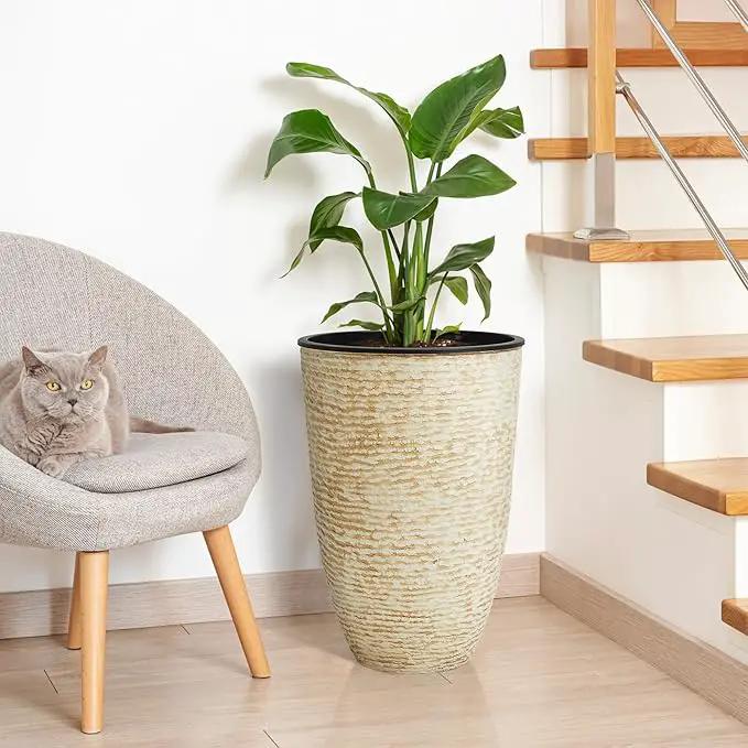 WORTH Garden 2-Pack 21" H. Beige Tall Planters with Inside Pots - 14'' Dia Plastic Large Round Plant Tree Pots - Decorative Imitation Stone Finish for Indoor Outdoor Front Porch Container Patio by GreenHaven Gardens