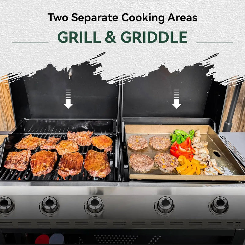 5 Burner Griddle Grill Combo, 2 in 1 Propane Gas BBQ Grill with Porcelain-Enameled Cast Iron Grates & Pan, Outdoor Flat Top Griddle, 695 Sq. In. Propane Barbecue Grill for Patio Backyard Balcony by GreenHaven Gardens