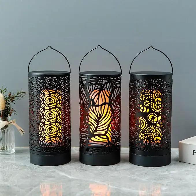 TRIROCKS Set of 3 LED Cordless Metal Lantern with Timer 7" H Moving Flame Lamp Battery Operated Breathing Lamp Floral Hollow LED Hanging Lighting for Indoor/Outdoor Patio Garden Party Gift by GreenHaven Gardens
