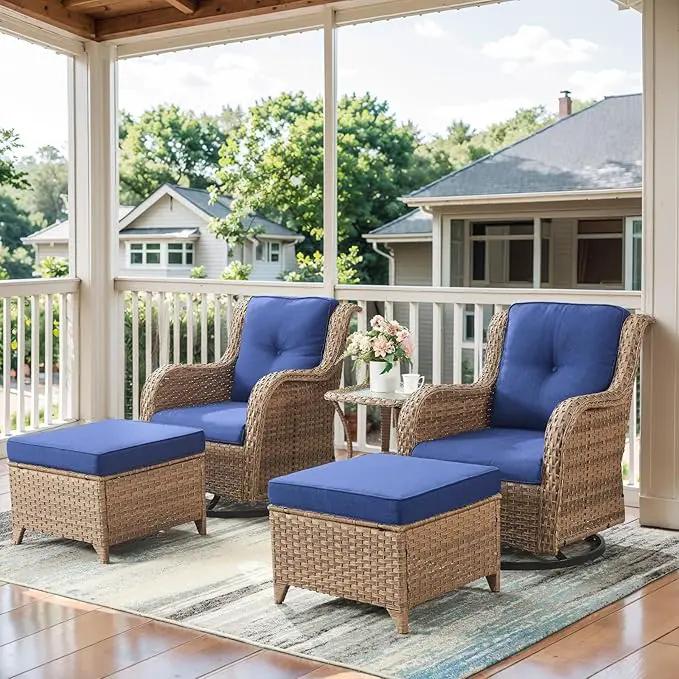5 Pieces Patio Furniture Sets Wicker Outdoor Furniture, Rattan Patio Swivel Glider Chairs with 2 Ottoman and Glass Side Table, Yellow by GreenHaven Gardens