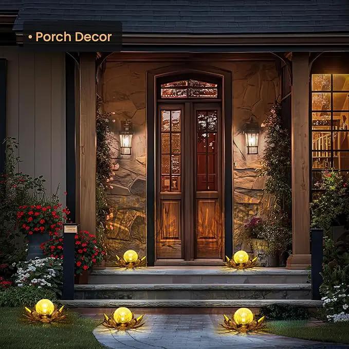 GIGALUMI Solar Lights Outdoor Garden Decor, Adjustable Metal Petal Lotus Flower Lights Crackle Globe Glass Lantern Outdoor Table Decor Waterproof for Patio, Lawn, Pathway, Pond, Christmas Gift by GreenHaven Gardens