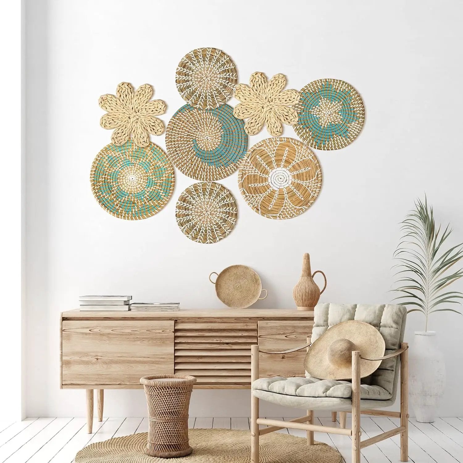 Xuhal Set of 8 Hanging Woven Wall Basket Handmade Decorative Rustic Boho Basket Decor Handcrafted Wicker Round Seagrass Wall Art for Home Kitchen Farmhouse Table Living Room by GreenHaven Gardens