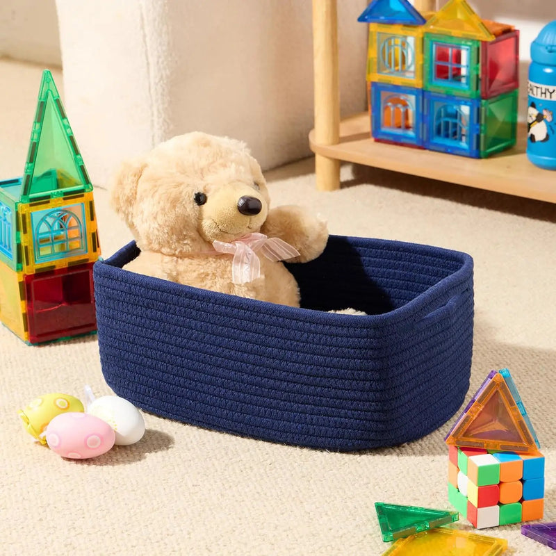 Small Storage Baskets for Organizing | Closet Organizer Bins | Shelf Toy Basket | Woven Rope Baskets | Cube Decorative Box | Shallow Basket | 13x8.5x5.1” | 3 Packs Navy Blue by GreenHaven Gardens