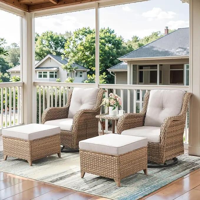 5 Pieces Patio Furniture Sets Wicker Outdoor Furniture, Rattan Patio Swivel Glider Chairs with 2 Ottoman and Glass Side Table, Yellow Wicker by GreenHaven Gardens