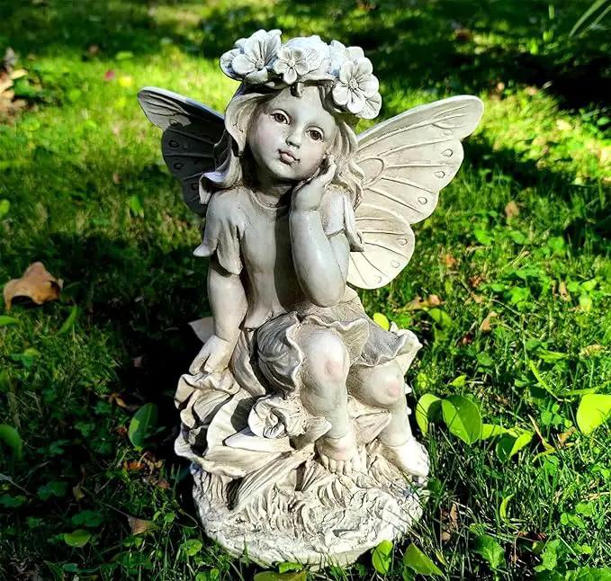 MeritMode 12.8" Fairy Garden Outdoor Guardian Angel Statue - Waterproof Resin with Flower Base, Unique for Patio, Balcony & Yard Decor by GreenHaven Gardens
