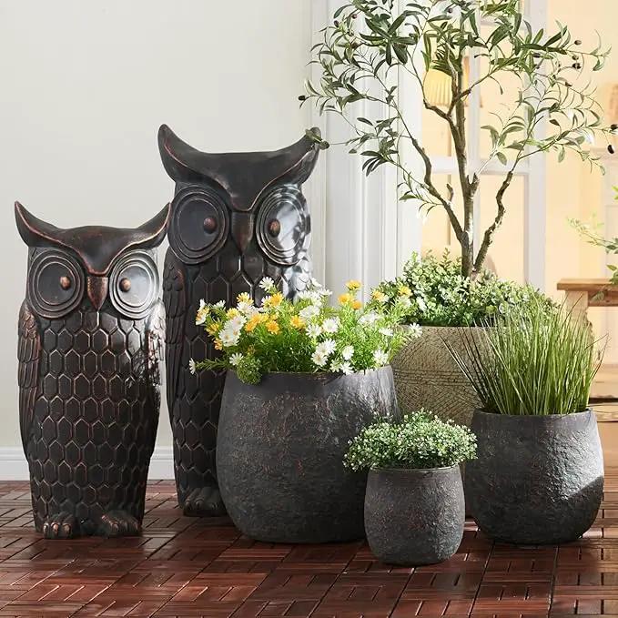 Large Outdoor Planter, 17.32"+12.99"+9.06" Dia Round Weathered Concrete Planter Set of 3, Flower Pots with Drainage Holes, Sealing Plug for Garden, Patio, Home, Office, Greenish Bronze Rust by GreenHaven Gardens