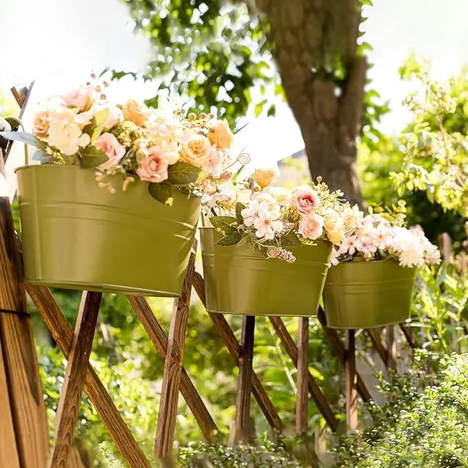 3 Pack Metal Hanging Flower Pots for Railing Fence，Outdoor Balcony Rail Planter with Detachable Hooks Drainage Holes for Deck Garden Home Decor Green by GreenHaven Gardens