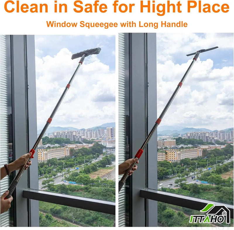 ITTAHO Squeegee for Window Cleaning,12" Squeegee and 11" Microfiber Scrubber Combi with Stainless Steel Pole,Extendable Window Cleaner for Car,Sliding Door,Shower Glass Door-Swivel Style-2 Pads by GreenHaven Gardens