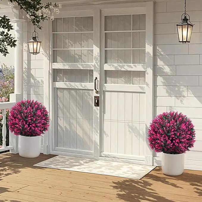 Artificial Topiary Tree with Pink Eucalyptus, Set of 2-17in UV Resistant Fake Evergreen Tree for Porch, Outdoor Artificial Plants for Planters - Ground Spike Included FZHCZWZX by GreenHaven Gardens
