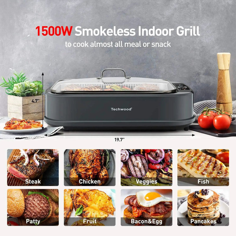 Indoor Smokeless Grill, Techwood 1500W Electric BBQ Grill with Temperature Control, Korean Grill Removable Grill & Griddle Plates, Tempered Glass Lid by GreenHaven Gardens