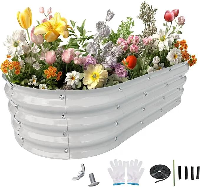 Galvanized Metal Raised Garden Bed 4x2x1ft Large Raised Planter 1Pack Outdoor Planter Box with Rubber Stripe and Safety Gloves for Vegetables, Fruits, Herbs, Flowers, Grey White by GreenHaven Gardens
