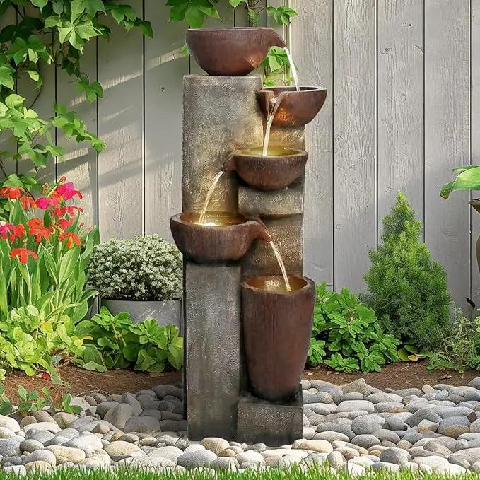 SunJet 5-Tier Cascading Indoor/Outdoor Water Fountain with LED Lights - 39.7" High Large Waterfall Floor Standing Fountain for Garden, Patio, Yard, and Deck Decor - Relaxing Outdoor Water Feature by GreenHaven Gardens