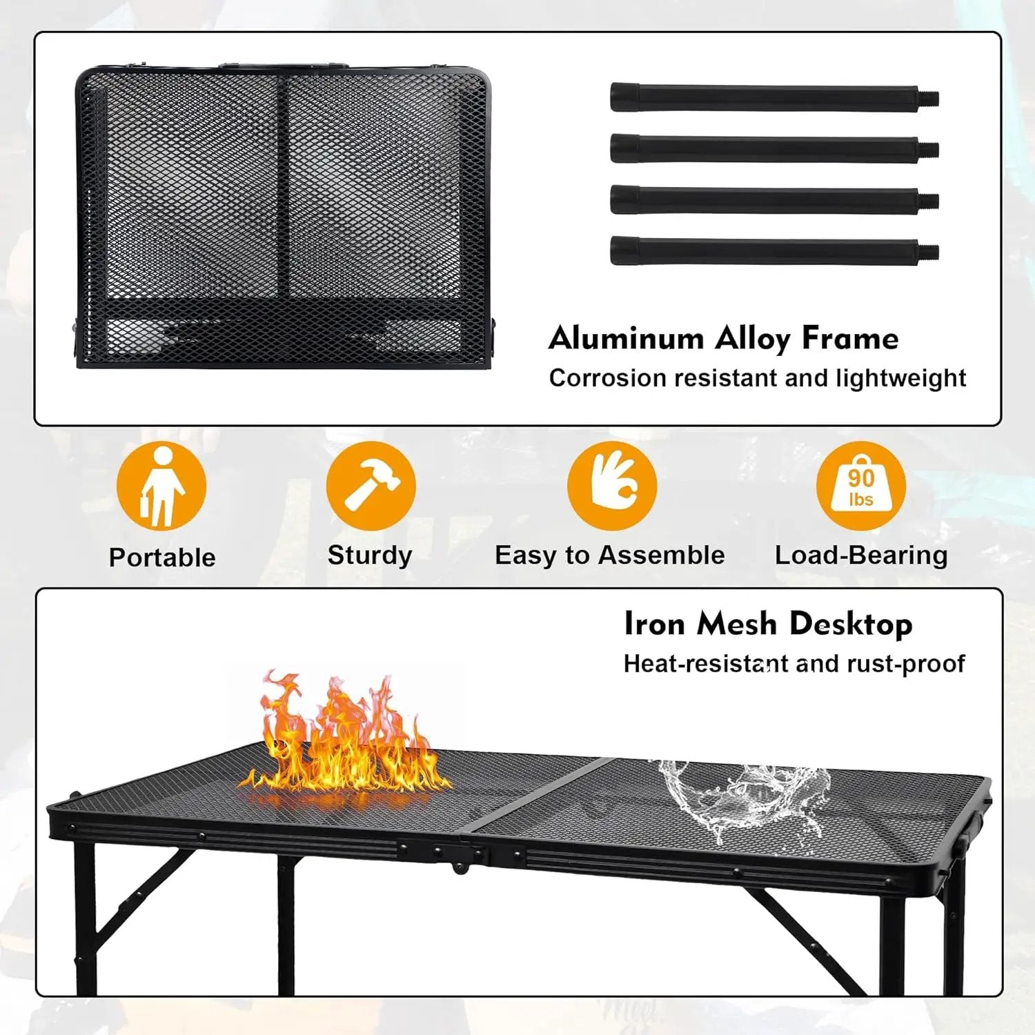 Camping Table with Mesh Desktop, Lightweight & Portable Folding Grill Table, Height Adjustable Metal Outdoor Table for Camp, Cooking, BBQ, RV, Picnic-3 FT Black by GreenHaven Gardens