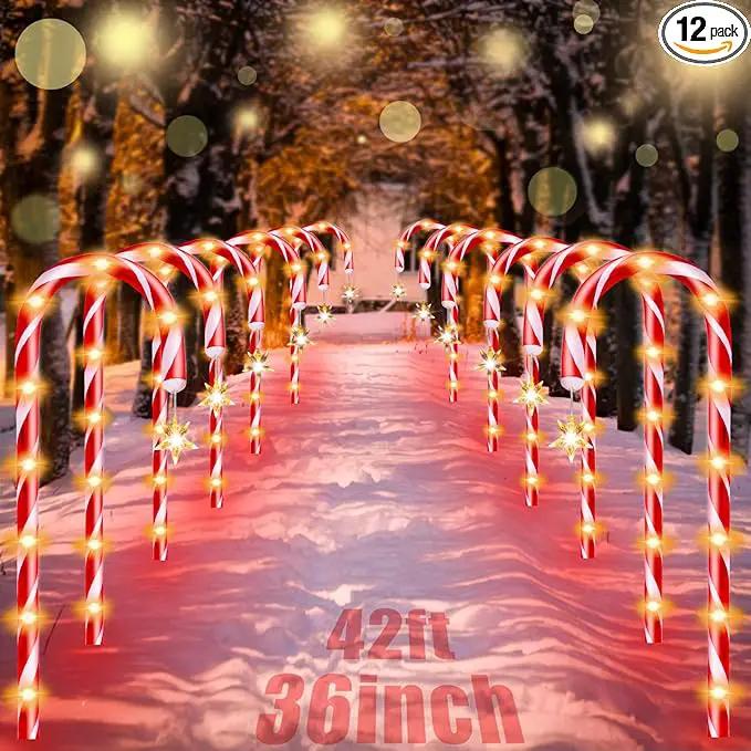 36" Outdoor Christmas Decorations, Real 30" Red Candy Cane Lights Outdoor Pathway 8 Flashing Modes, 12 Pack Christmas Candy Cane Lights, Christmas Decorations Outdoor Yard, Warm Lights with Star by GreenHaven Gardens