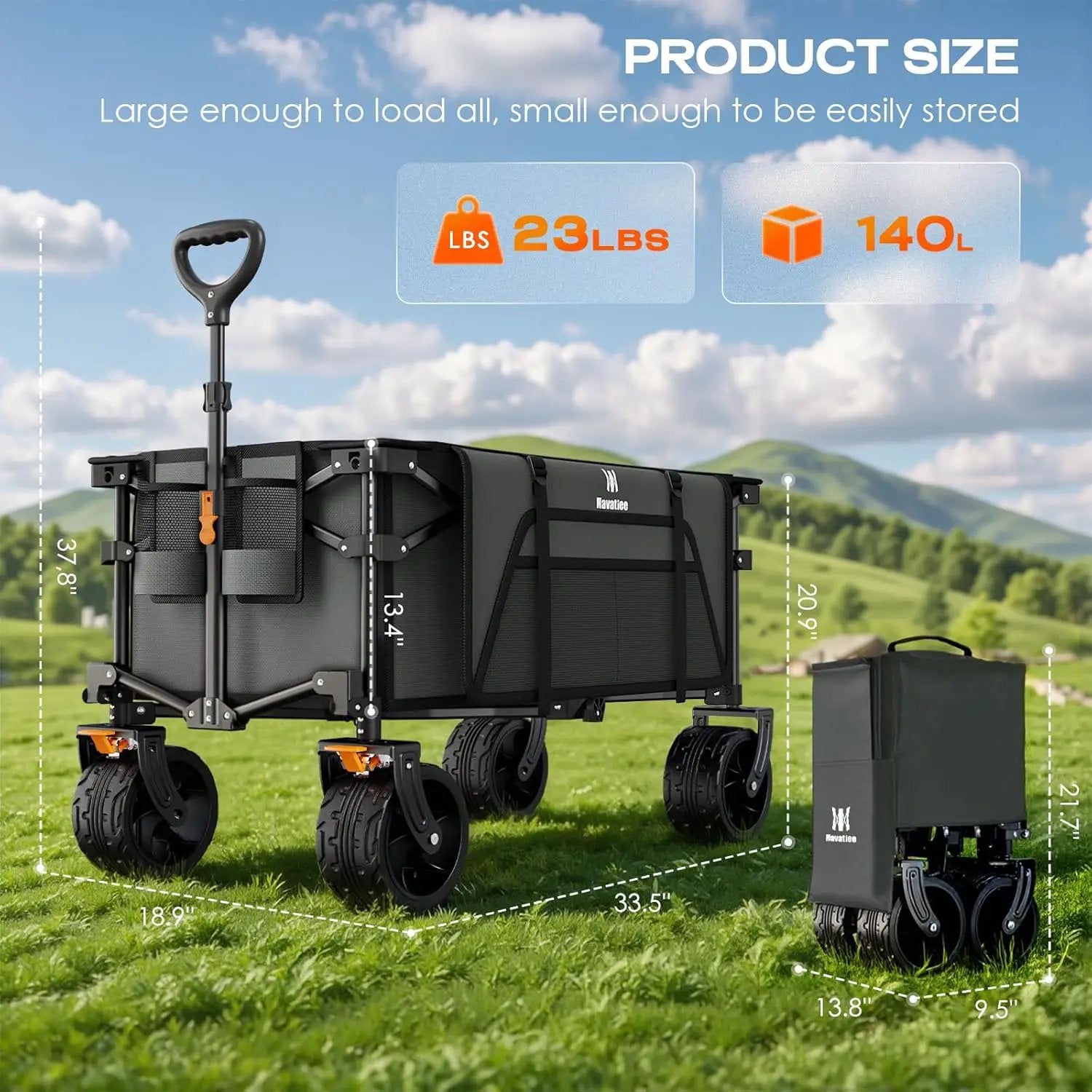 Navatiee Big Wheels Collapsible Wagon Cart Foldable, Heavy Duty Beach Wagon with Silent All-Terrain Wheels, Folding Utility Grocery Cart with Side Pocket and Brakes for Camping Garden Sports, Gray by GreenHaven Gardens