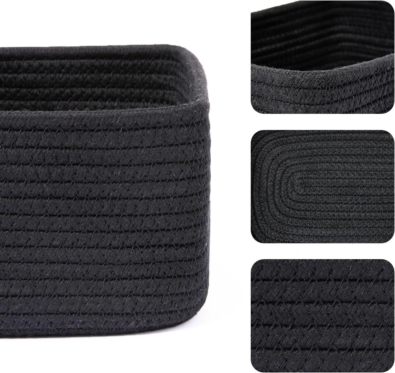 Small Storage Baskets for Organizing | Closet Organizer Bins | Shelf Toy Basket | Woven Rope Baskets | Cube Decorative Box | Shallow Basket | 11.5x7.5x4.7” | 3 Packs Black by GreenHaven Gardens