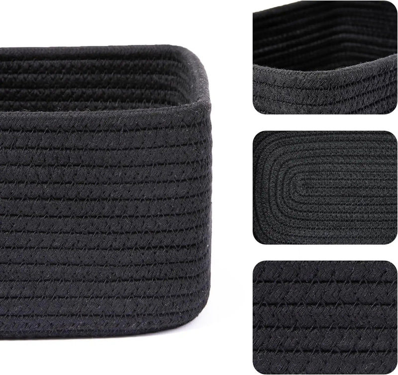 Small Storage Baskets for Organizing | Closet Organizer Bins | Shelf Toy Basket | Woven Rope Baskets | Cube Decorative Box | Shallow Basket | 11.5x7.5x4.7” | 3 Packs Black by GreenHaven Gardens