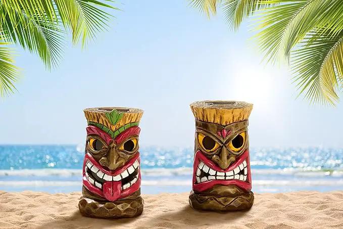 TERESA'S COLLECTIONS Tiki Head Garden Decor with Solar Outdoor Light, Set of 2 Tropical Hawaiian Tiki Torch Resin Christmas Decorations Garden Sculptures & Statues Yard Decor Thanksgiving Gifts 6" by GreenHaven Gardens