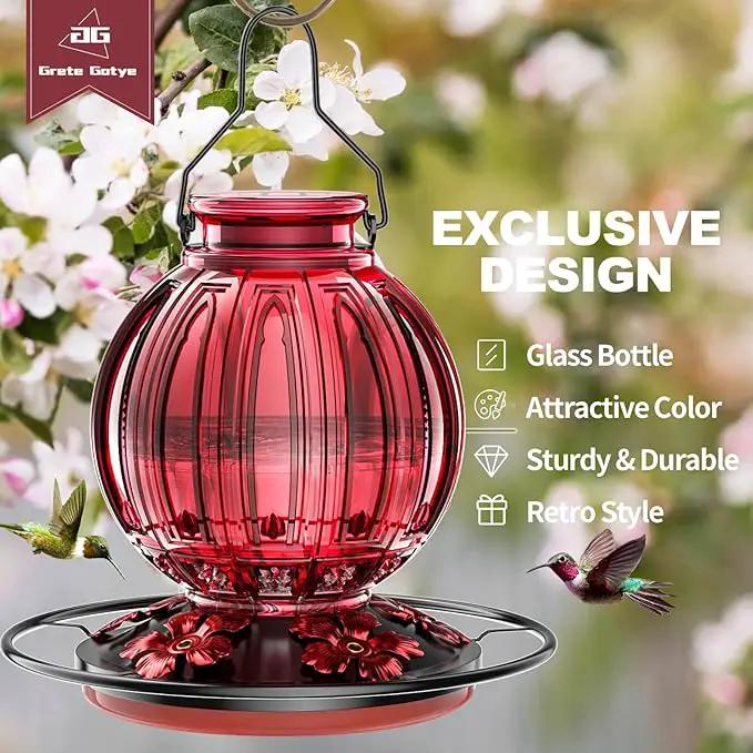 2 Pack Glass Hummingbird Feeder for Outdoors Hanging, Bird Nectar Feeder with Perch & 5 Flower Feeding Ports, 26 Oz Leak Proof for Outside Garden Decor Backyard, Gifts for Women Mom, Red by GreenHaven Gardens