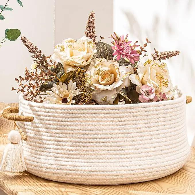 KAKAMAY Woven Baskets for Storage(16"x8"),Blanket Basket for Organizing Living Room,Cotton Rope Basket Woven Baby Laundry Hamper,Collapsible Laundry Room Organization,Clothes,Toy Chest(White) by GreenHaven Gardens