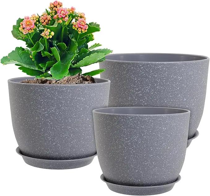 Flower Pots 9/8/7.5inch, Set of 3 Modern Decorative Plastic Planters with Drainage Holes and Saucers for Garden House Plants, Plant Pots for Indoor Outdoor Plants, Speckled Grey by GreenHaven Gardens