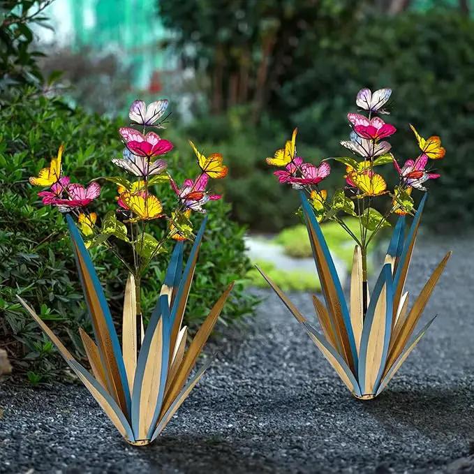 Garden Outdoor Butterfly Enlarge Thickened Wind Resistant Metal Agave Garden Art Metal Plant Country Sculpture Statue Decorations Ornaments Artificial Waterproof Butterflies(Blue 2pcs) by GreenHaven Gardens