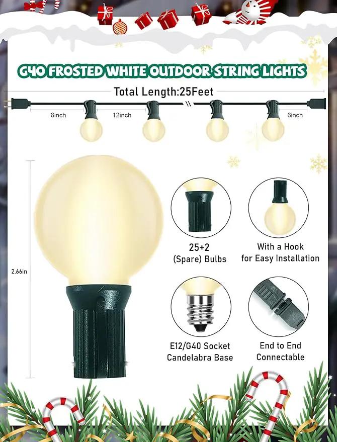 G40 Globe Christmas Lights Outdoor, 25FT Frosted White String Lights with 27 Incandescent Bulbs, Hanging Patio String Lights Waterproof for Indoor Home Garden Backyard Holiday Party Xmas Tree Decor by GreenHaven Gardens