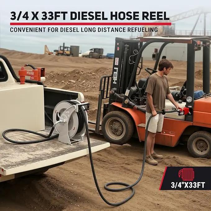 Fuel Hose Reel, 3/4" x 33FT Retractable Hose with Refueling Nozzle, 300 PSI Heavy-duty Steel Construction, Diesel Fuel Kerosene Reel Used for Aircraft Ship Vehicle Tanker Truck by GreenHaven Gardens