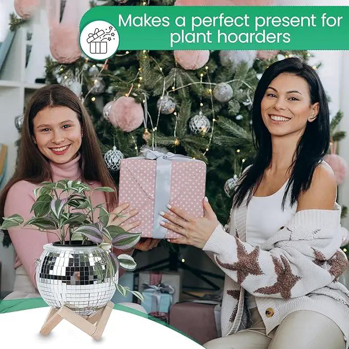 6" Disco Ball Planter – Rotating Mirror Planter with Macrame Hanger & Wooden Stand for Indoor and Outdoor Plants by GreenHaven Gardens