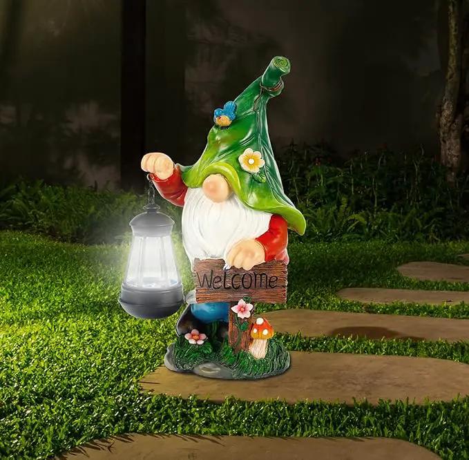 Garden Gnome Statue, Resin Figurine with Bright Solar Lantern Lights and Welcome Sign, Outdoor Solar-Powered Illumination Yard Art Decorations for Indoor Outdoor Patio Lawn Garden Room by GreenHaven Gardens